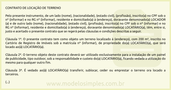 Modelo de Contrato de Locação de Terreno para Publicidade