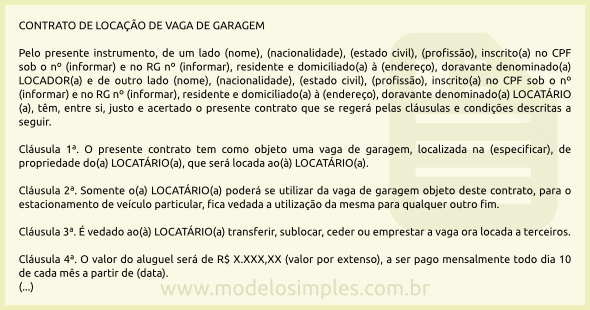 Modelo de Contrato de Locação de Vaga de Garagem