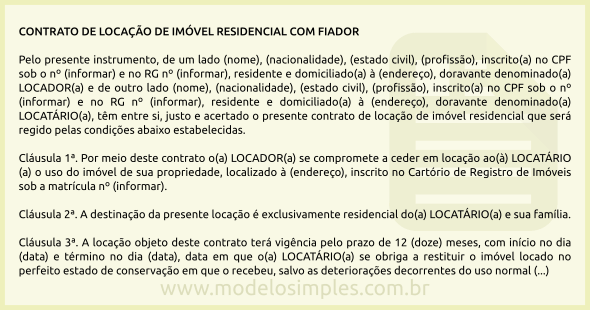 Modelo de Contrato de Locação Residencial com Fiador