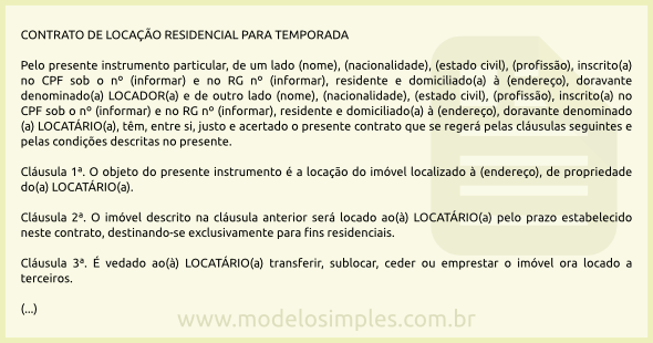 Modelo de Contrato de Locação Residencial para Temporada