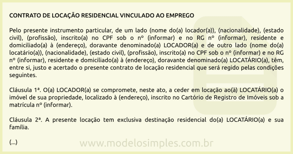 Modelo de Contrato de Locação Residencial Vinculada ao Emprego