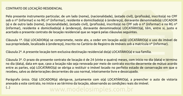 Modelo de Contrato de Locação Residencial