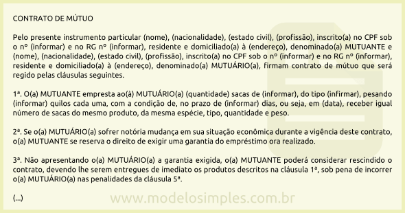 Modelo de Contrato de Mútuo de Produtos Agrícolas