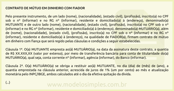 Modelo de Contrato de Mútuo em Dinheiro com Fiador