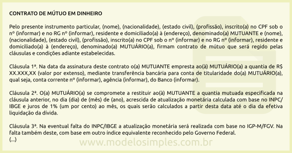 Modelo de Contrato de Mútuo em Dinheiro