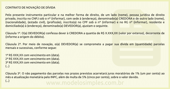 Modelo de Contrato de Novação de Dívida