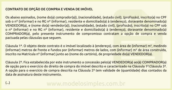 Modelo de Contrato de Opção de Compra e Venda de Imóvel