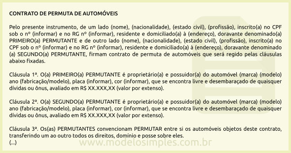 Modelo de Contrato de Permuta de Automóveis