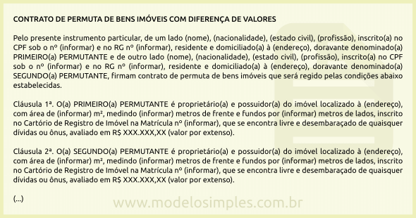 Modelo de Contrato de Permuta de Bens Imóveis com Diferença de Valor