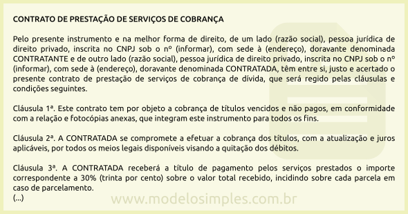 Modelo de Contrato de Prestação de Serviço de Cobrança de Dívida