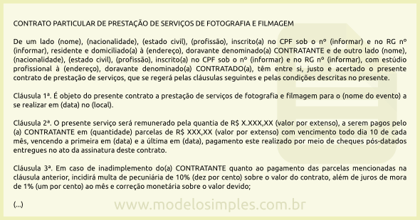 Modelo de Contrato de Prestação de Serviços de Fotografia e Filmagem de Evento