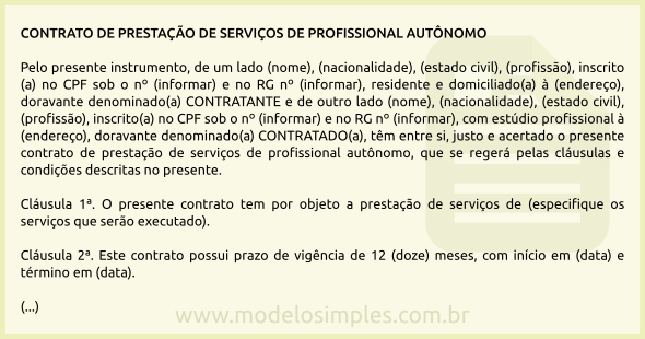 Modelo de Contrato de Prestação de Serviços de Profissional Autônomo