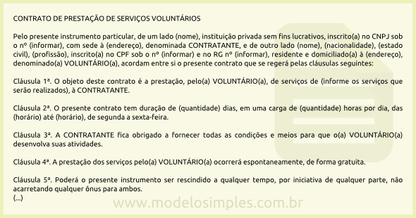 Modelo de Contrato de Prestação de Serviços Voluntários