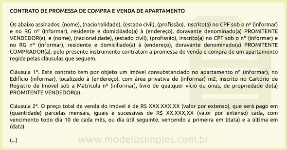 Modelo de Contrato de Promessa de Compra e Venda de Apartamento