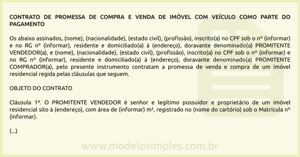 Modelo de Contrato de Promessa de Compra e Venda de Imóvel com Veículo