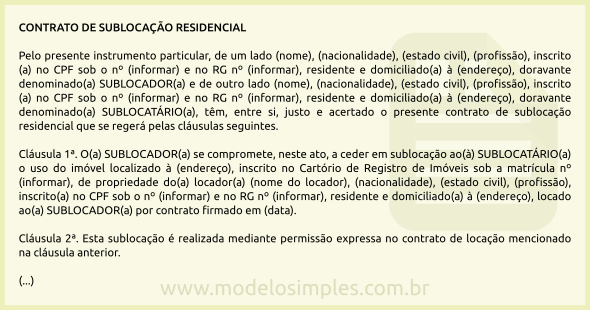 Modelo de Contrato de Sublocação Residencial