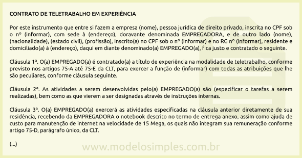 Modelo de Contrato de Teletrabalho em Experiência