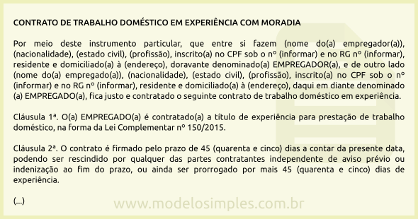 Modelo de Contrato de Trabalho da Empregada Doméstica com Moradia