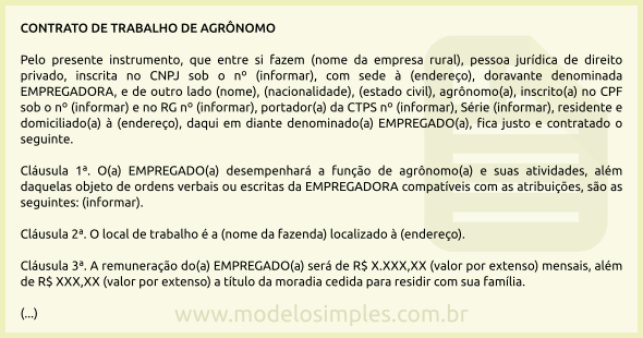 Modelo de Contrato de Trabalho de Engenheiro Agrônomo