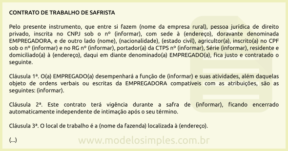 Modelo de Contrato de Trabalho de Safrista