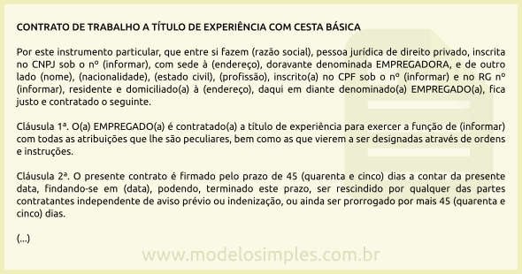 Modelo de Contrato de Trabalho em Experiência com Cesta Básica