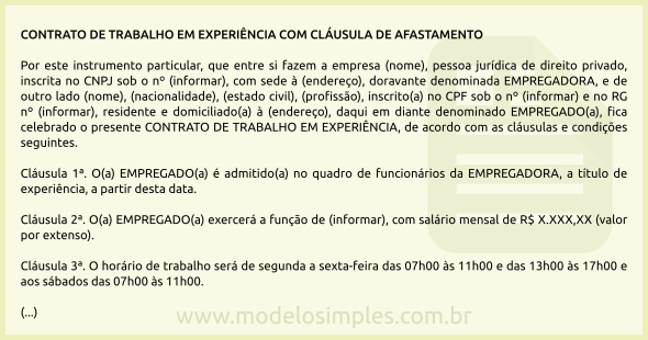 Modelo de Contrato de Trabalho em Experiência com Cláusula de Afastamento