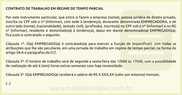 Modelo de Contrato de Trabalho em Regime de Tempo Parcial