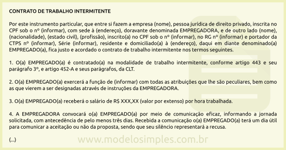 Contrato de trabalho intermitente minuta