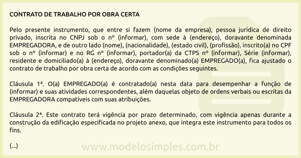 Modelo de Contrato de Trabalho por Obra Certa