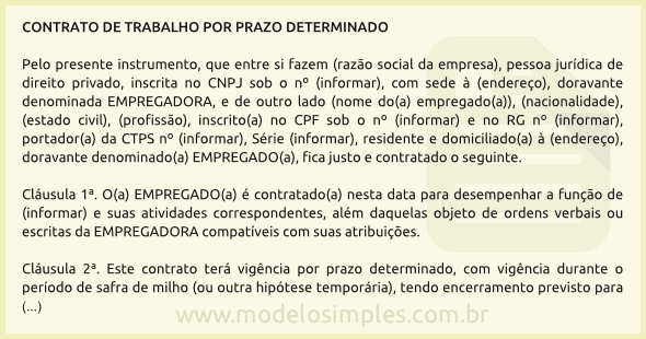 Modelo de Contrato de Trabalho por Prazo Determinado