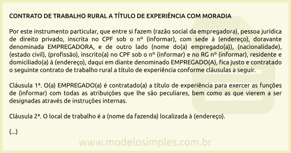 Modelo de Contrato de Trabalho Rural em Experiência com Moradia