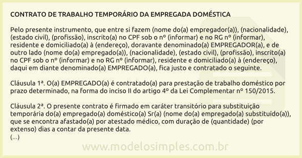 Modelo de Contrato de Trabalho Temporário da Empregada Doméstica