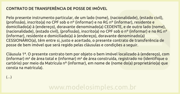 Modelo de Contrato de Transferência de Posse de Imóvel