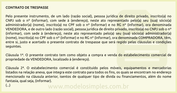 Modelo de Contrato de Trespasse