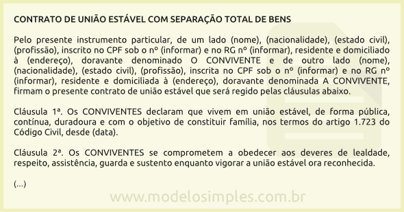 Modelo de Contrato de União Estável com Separação Total de Bens