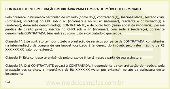 Modelo de Contrato para Imobiliária Intermediar Compra de Imóvel Determinado