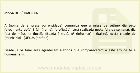 Modelo de Convite para Missa de Sétimo Dia