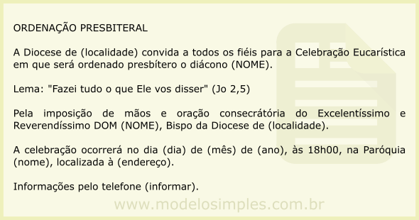 Modelo de Convite para Ordenação Presbiteral