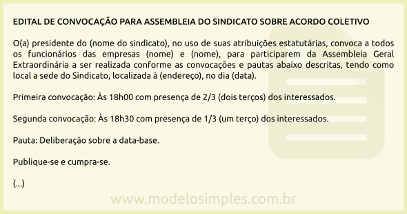 Modelo de Convocação para Assembleia do Sindicato sobre Acordo Coletivo