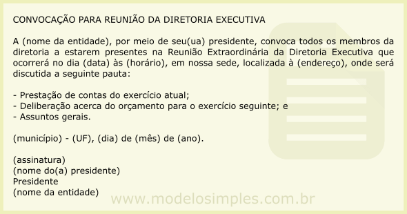 Modelo de Convocação para Reunião da Diretoria Executiva