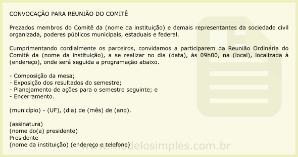 Modelo de Convocação para Reunião do Comitê