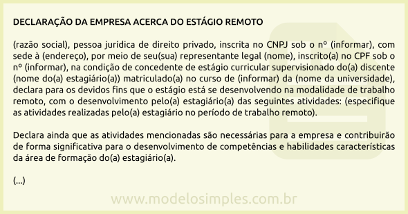 Modelo de Declaração da Empresa Acerca do Estágio Remoto