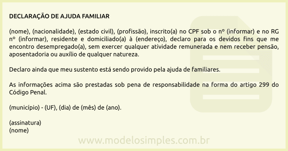 Modelo de Declaração de Ajuda Familiar