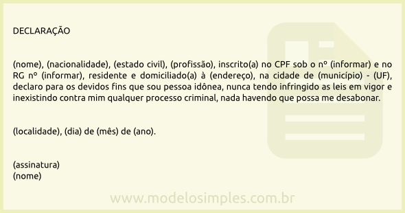 Modelo de Declaração de Antecedentes Criminais