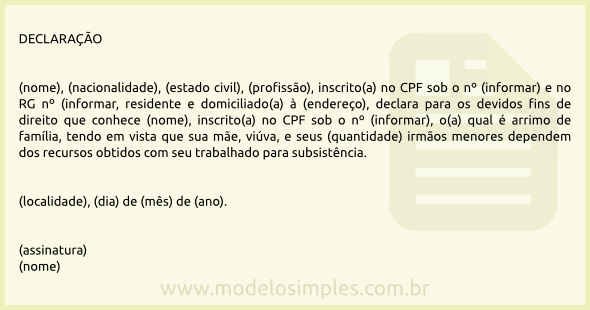 Modelo de Declaração de Arrimo de Família