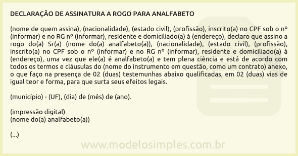 Modelo de Declaração de Assinatura a Rogo do Analfabeto