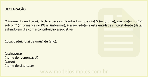 Modelo de Declaração de Associação Sindical