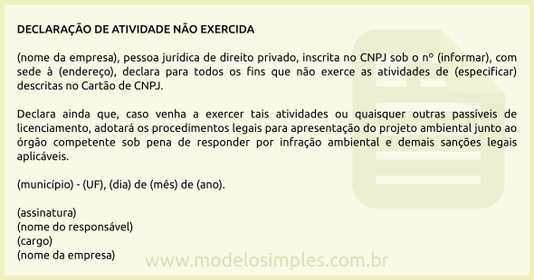 Modelo de Declaração de Atividade Não Exercida