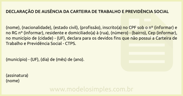 Modelo de Declaração de Ausência da Carteira de Trabalho