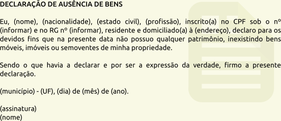 Modelo de Declaração de Ausência de Bens